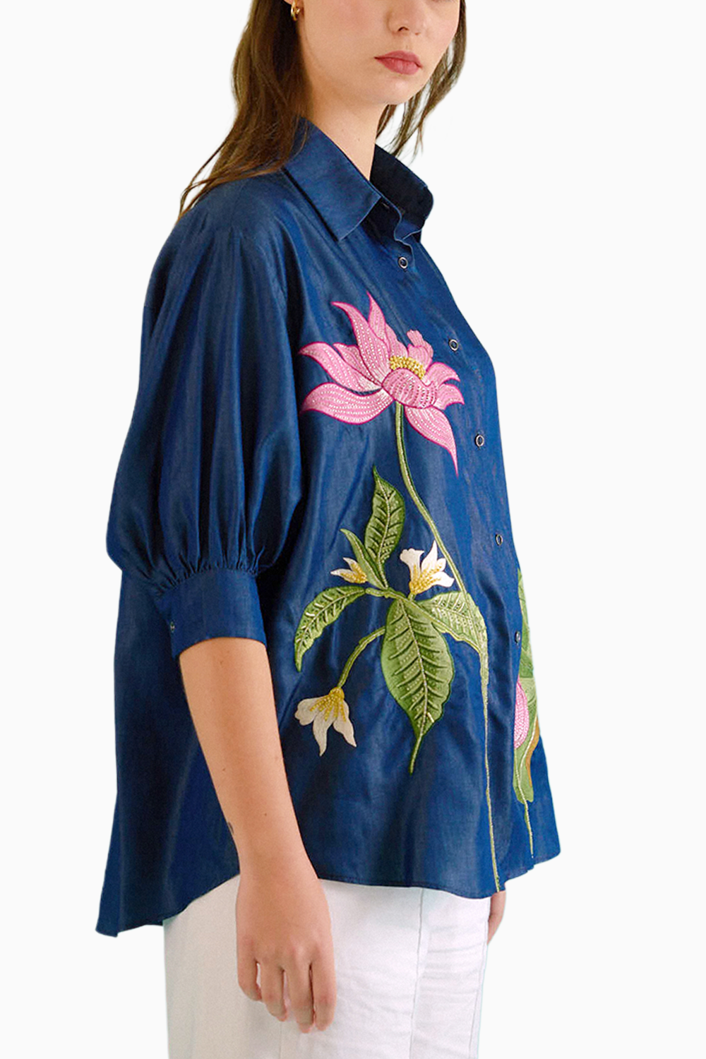 Denim Lotus Oversized Embroidered Shirt