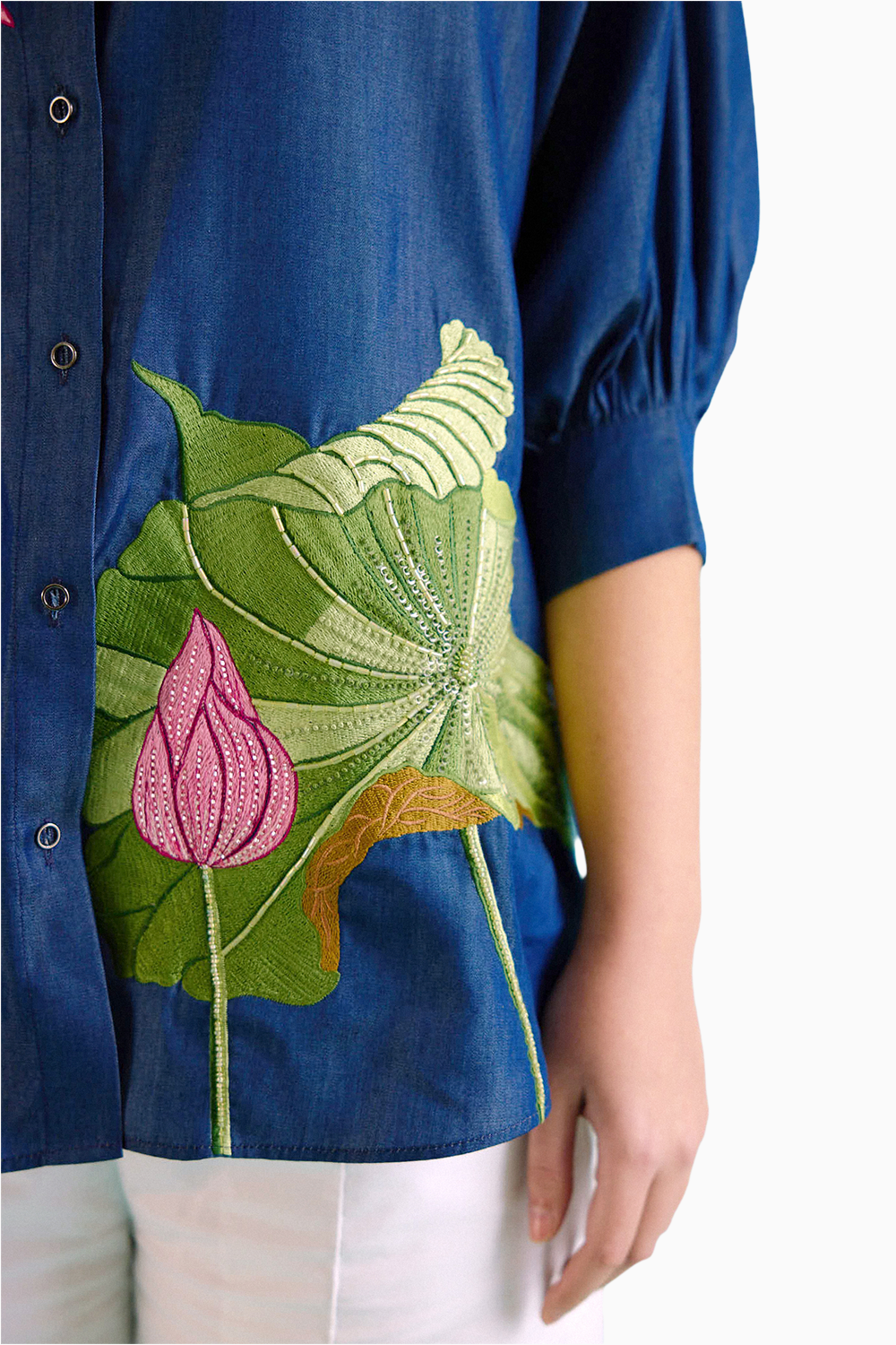 Denim Lotus Oversized Embroidered Shirt