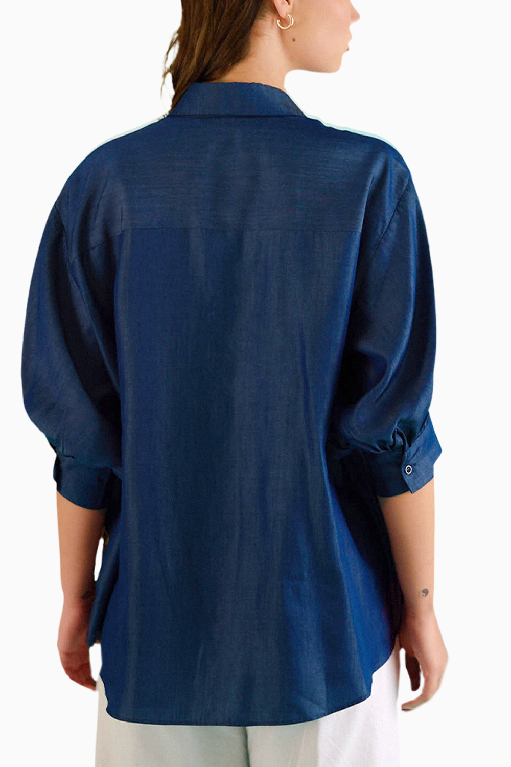 Denim Lotus Oversized Embroidered Shirt