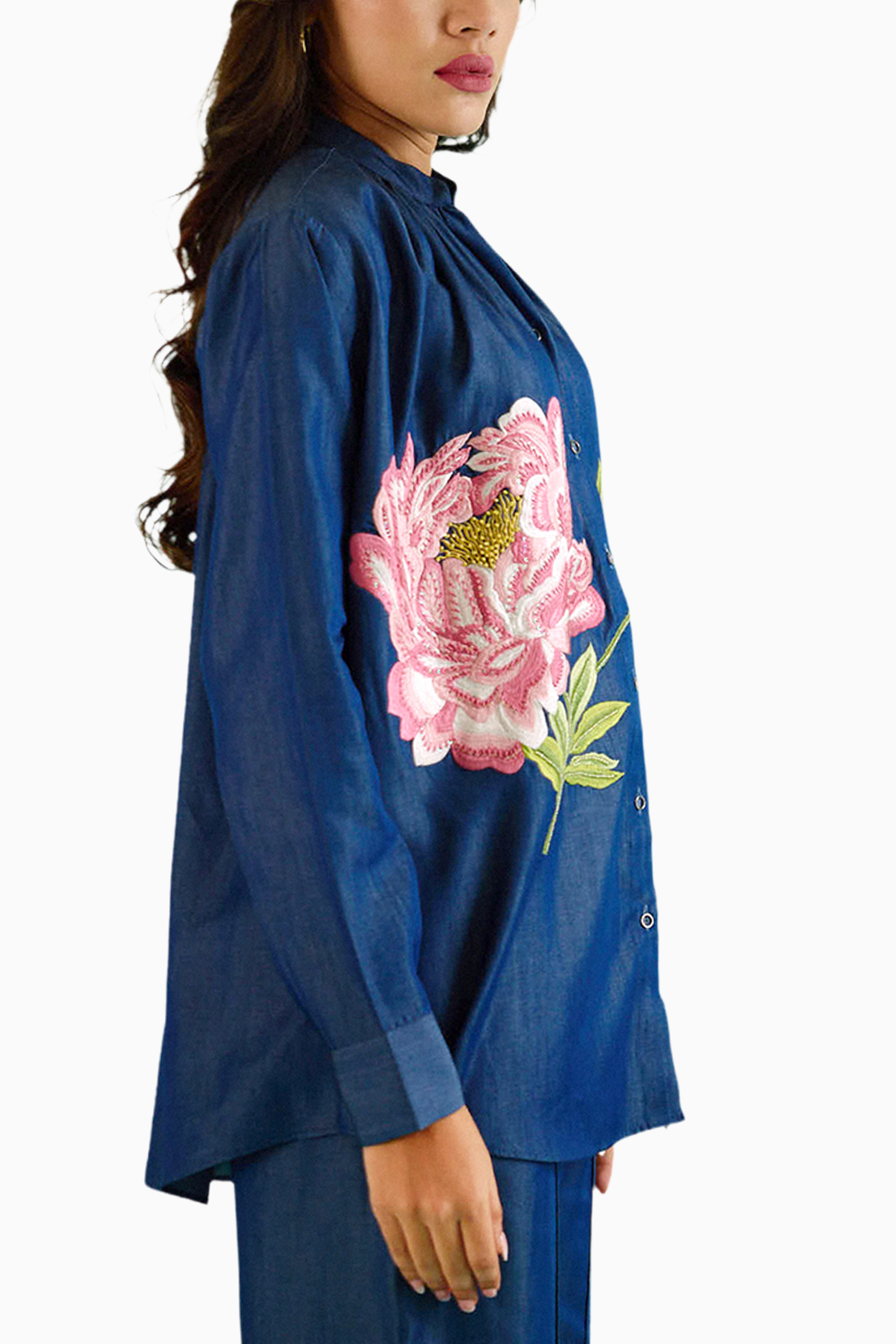 Denim Peony Gathered Embroidered Shirt