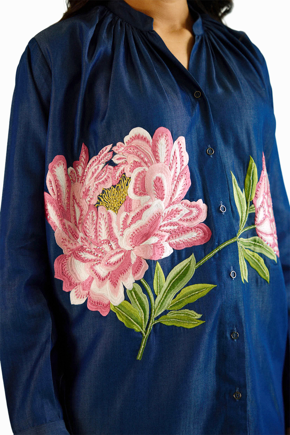 Denim Peony Gathered Embroidered Shirt