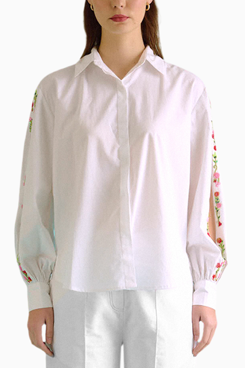 White Hand Embroidered Red Sequins Upbeat Shirt
