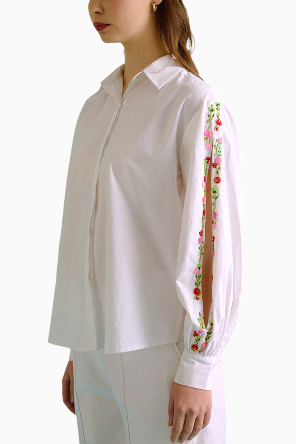 White Hand Embroidered Red Sequins Upbeat Shirt