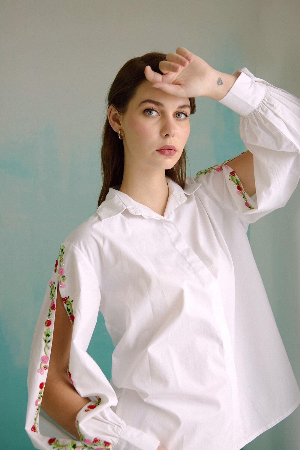 White Hand Embroidered Red Sequins Upbeat Shirt