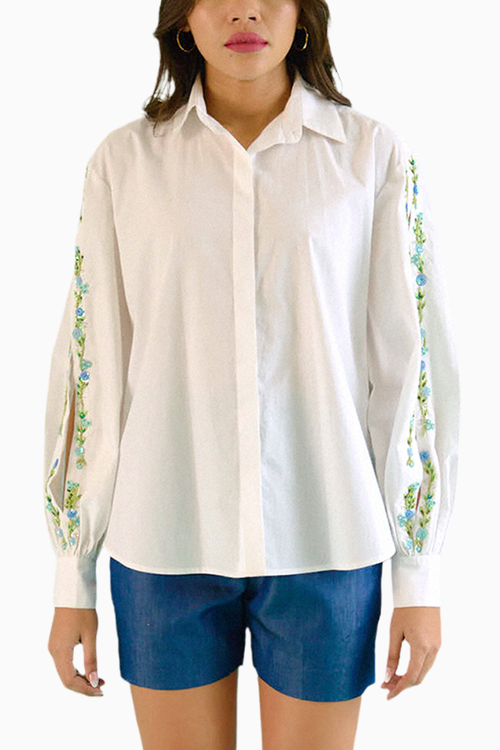 White Hand Embroidered Blue Sequins Upbeat Shirt