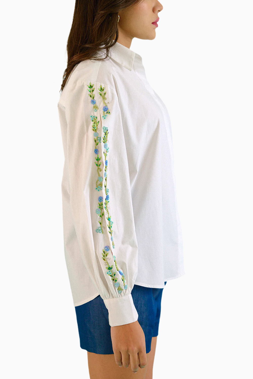 White Hand Embroidered Blue Sequins Upbeat Shirt