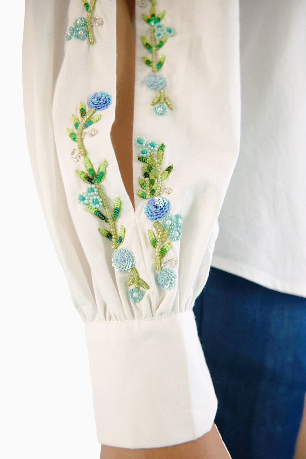 White Hand Embroidered Blue Sequins Upbeat Shirt