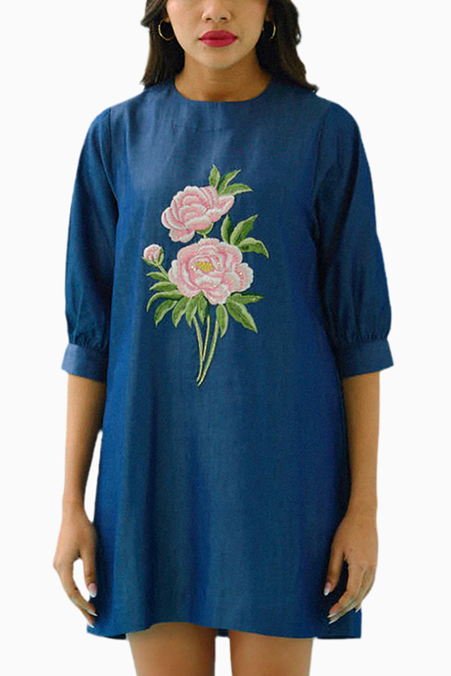 Denim Peony Embroidered Shift Dress