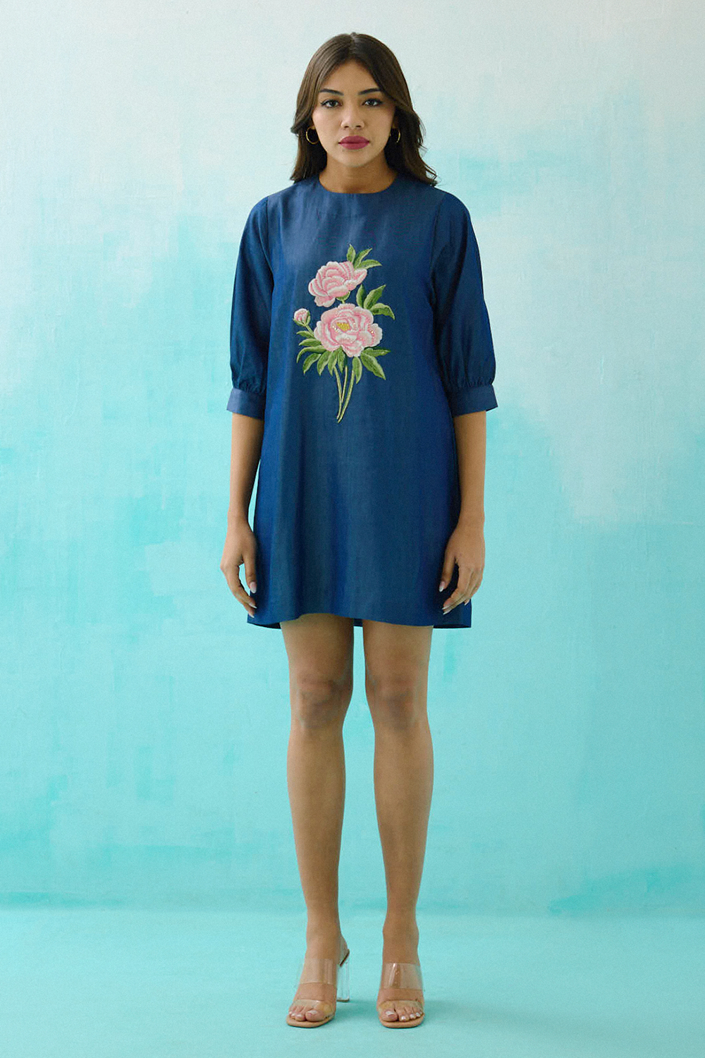 Denim Peony Embroidered Shift Dress