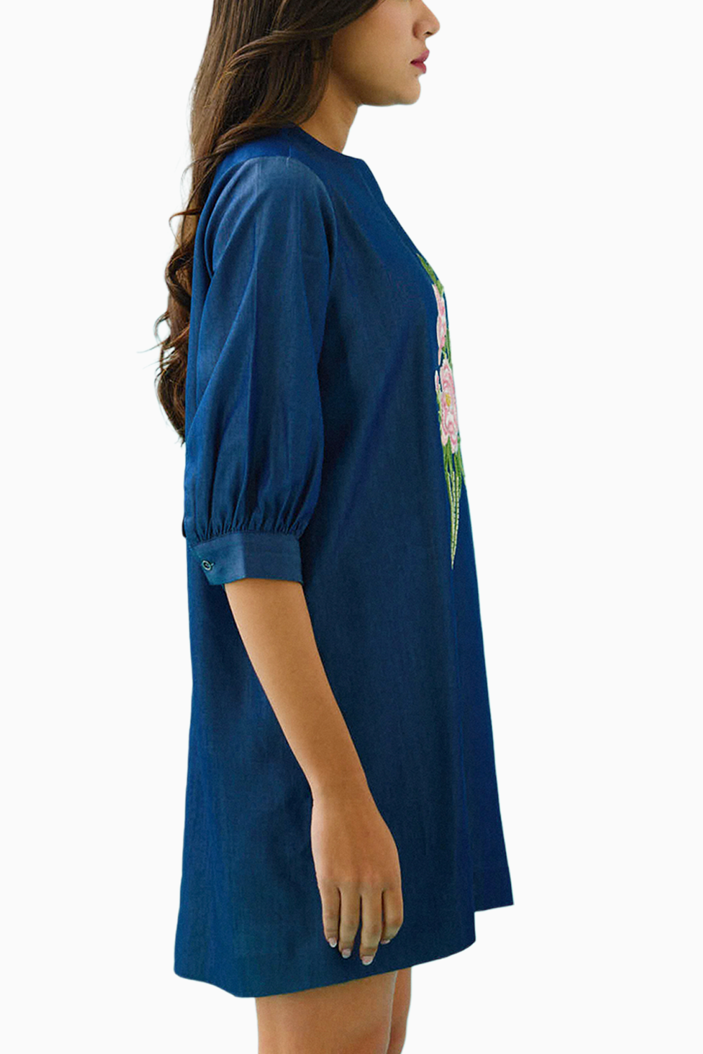 Denim Peony Embroidered Shift Dress