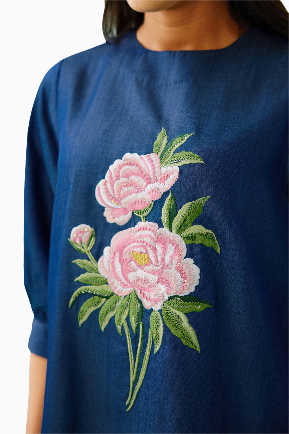 Denim Peony Embroidered Shift Dress