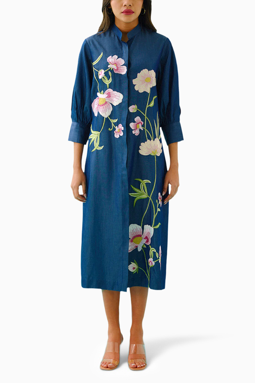 Denim Floral Embroidered Shirt Dress