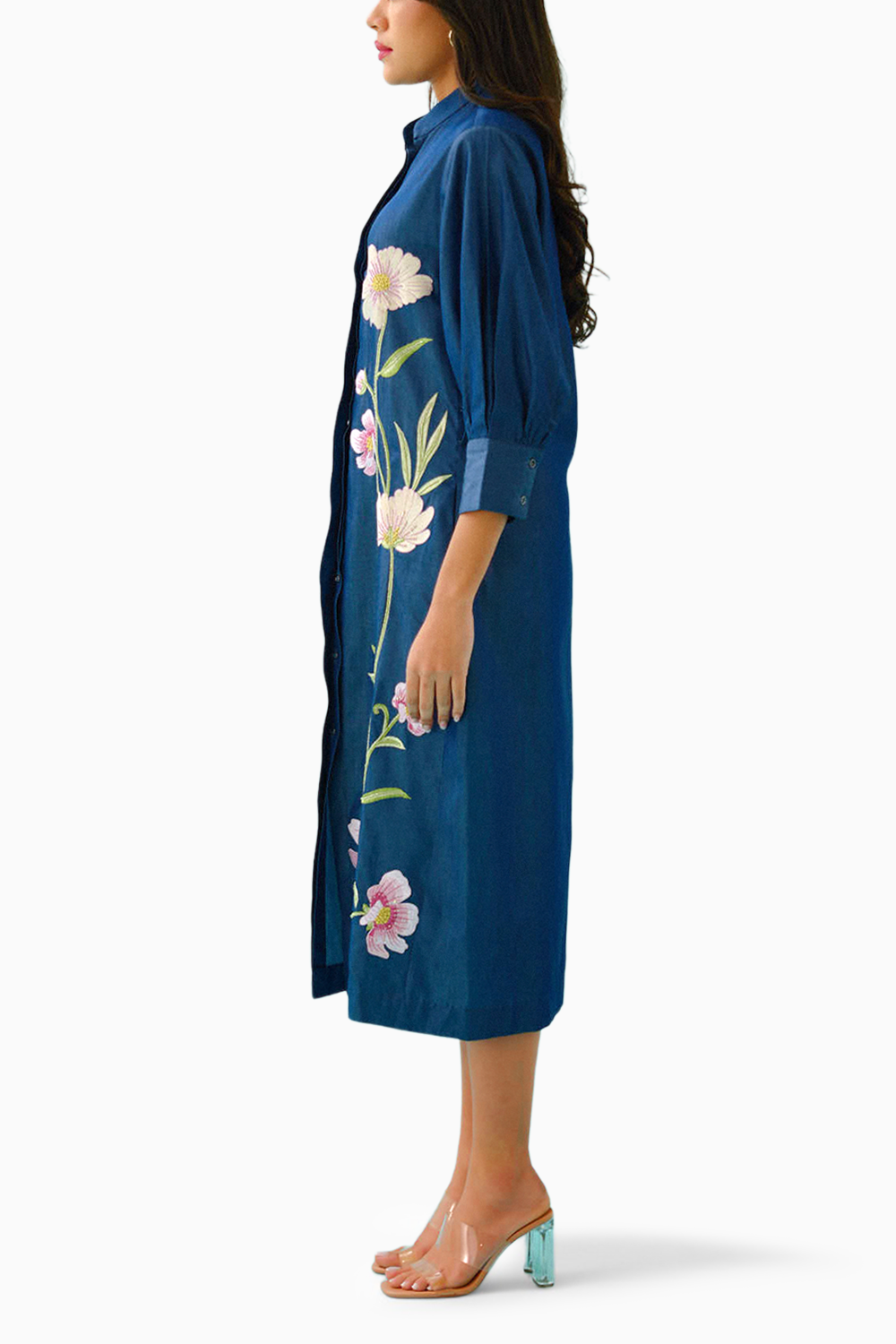 Denim Floral Embroidered Shirt Dress