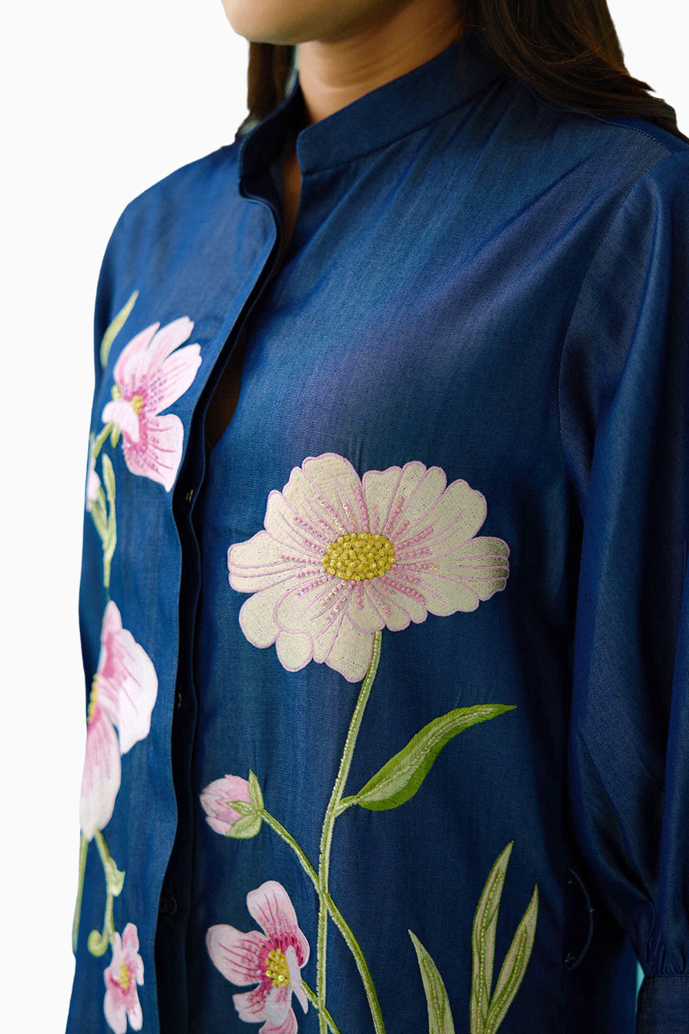 Denim Floral Embroidered Shirt Dress