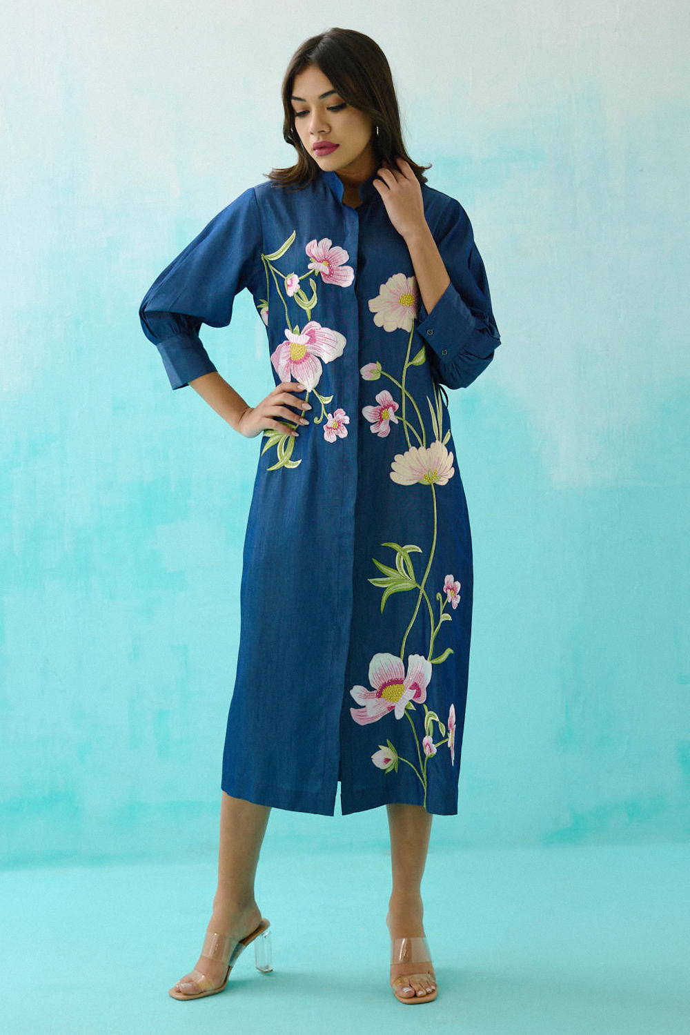 Denim Floral Embroidered Shirt Dress