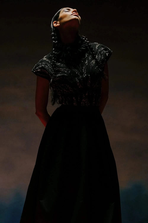 Black & Silver Taffaeta Midi-Skirt