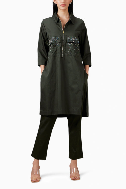 Olive Green Swarovski Pocket Co-ord Set