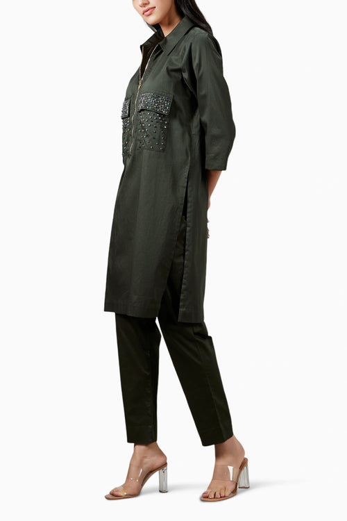 Olive Green Swarovski Pocket Co-ord Set
