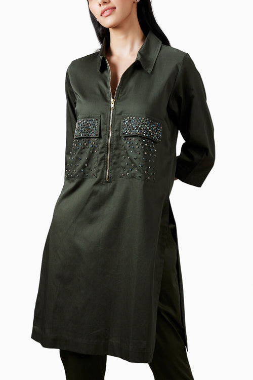 Olive Green Swarovski Pocket Co-ord Set