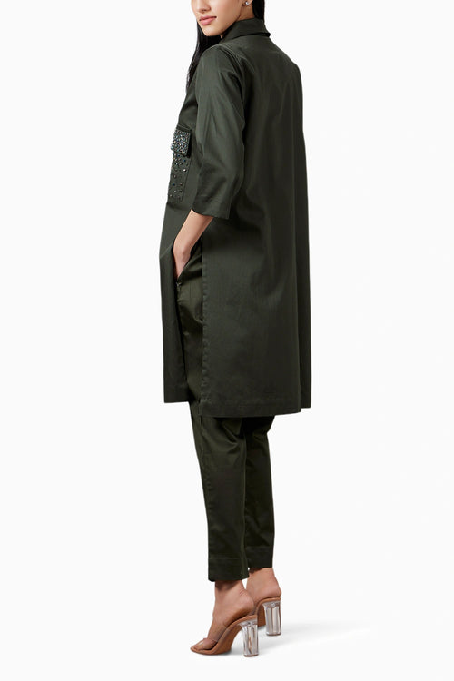 Olive Green Swarovski Pocket Co-ord Set