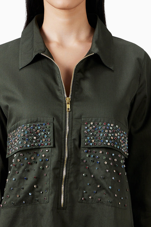 Olive Green Swarovski Pocket Co-ord Set