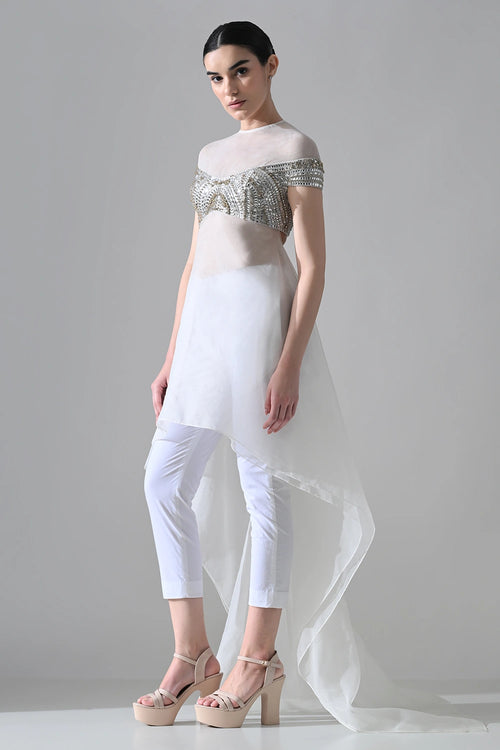Ivory Hand-Embroidered Silhouette With Asymmetric Top With Pants