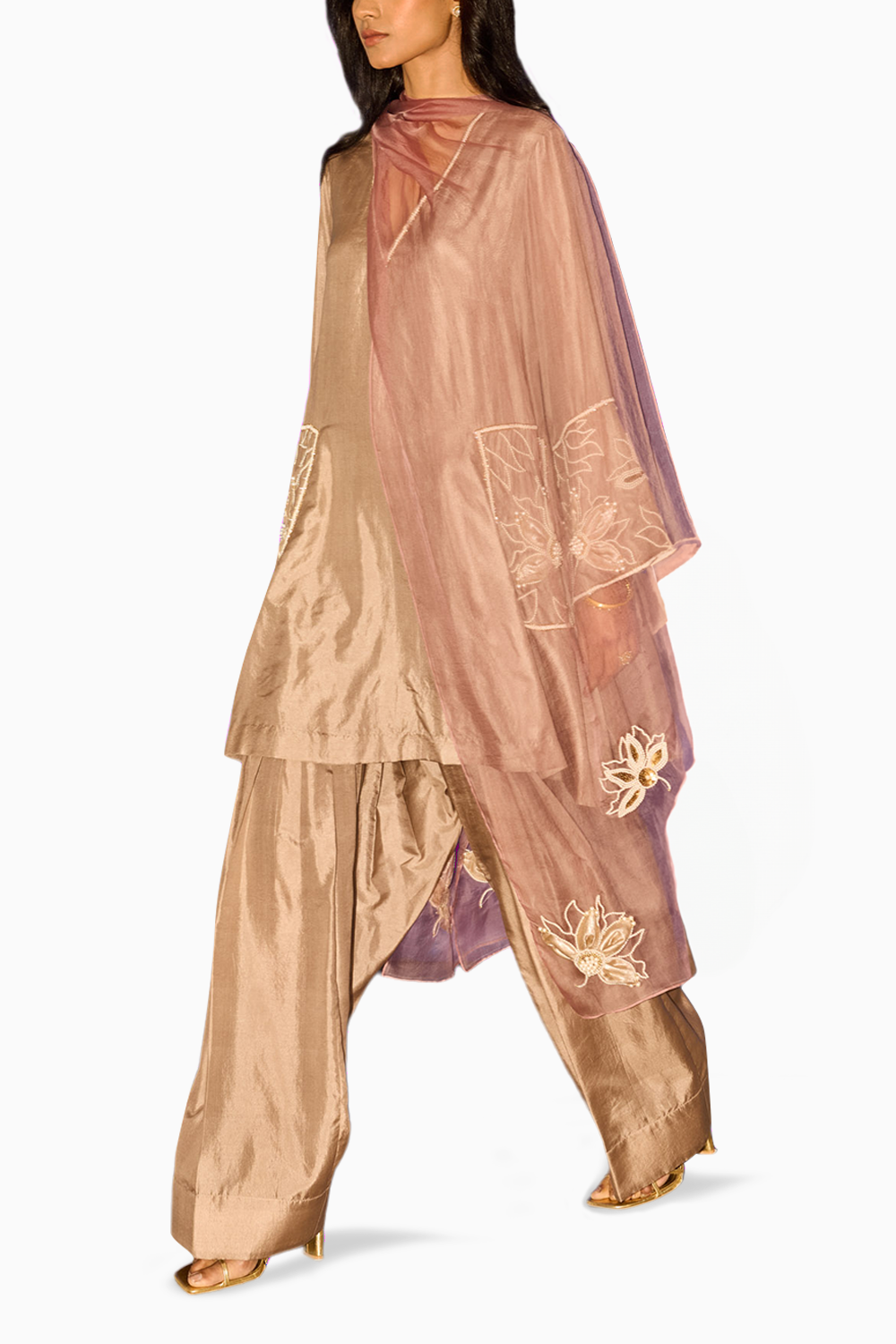 Brown Silk Kurta Set with Organza Dupatta