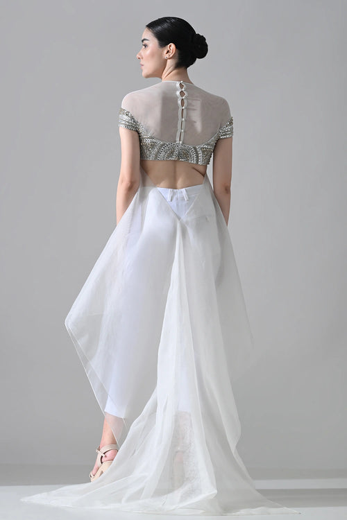 Ivory Hand-Embroidered Silhouette With Asymmetric Top With Pants