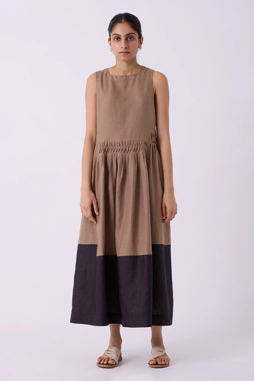 Sumi Brown Colourblocked Linen Midi Dress