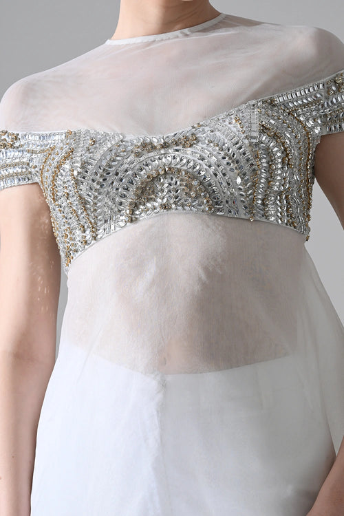 Ivory Hand-Embroidered Silhouette With Asymmetric Top With Pants