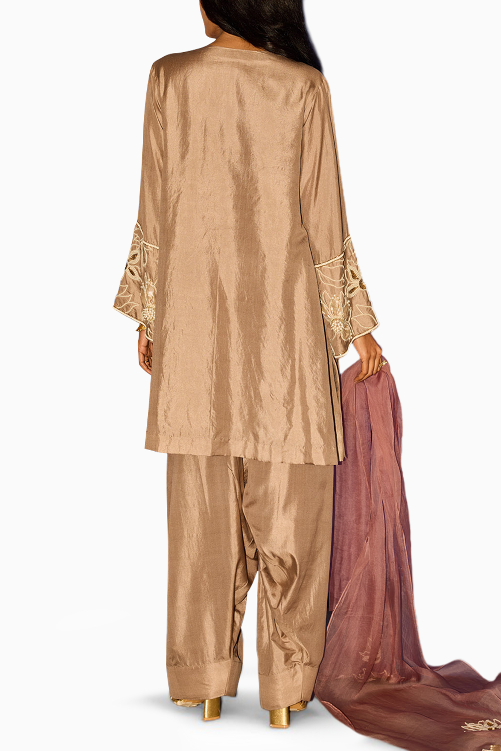 Brown Silk Kurta Set with Organza Dupatta