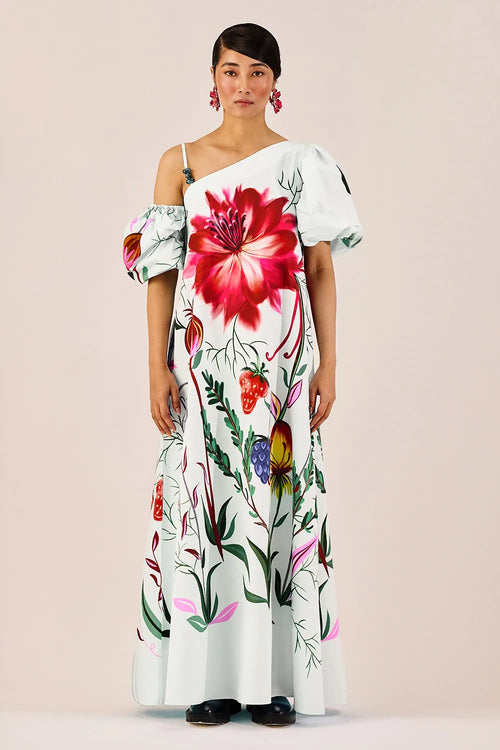 Ice Blue Floral One-Shoulder Maxi Dress