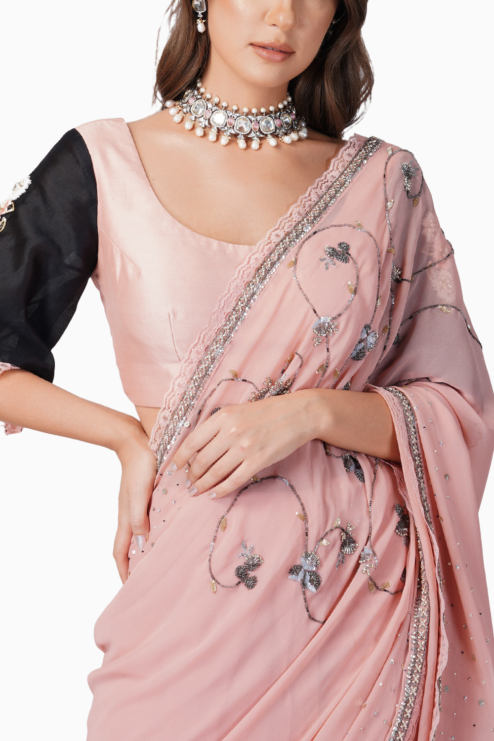 Antique Work Saree With Contrast Blouse