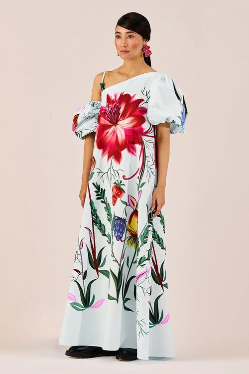 Ice Blue Floral One-Shoulder Maxi Dress