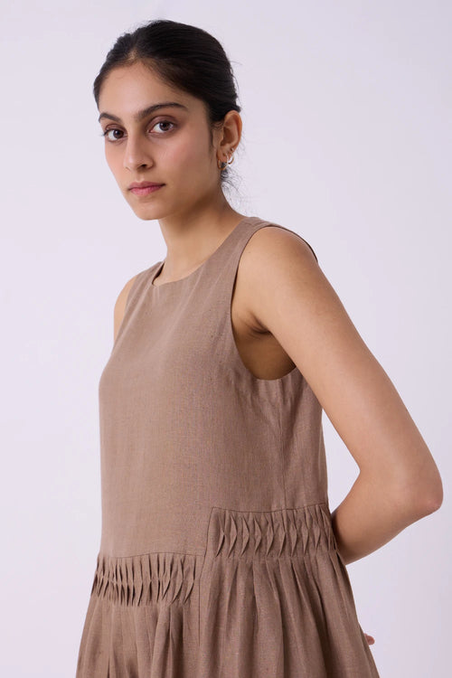 Sumi Brown Colourblocked Linen Midi Dress