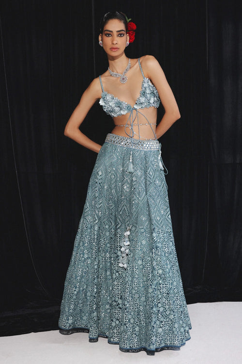 Blue Lace Work Lehanga Set With Mirror Work & 3D Floral Bralette