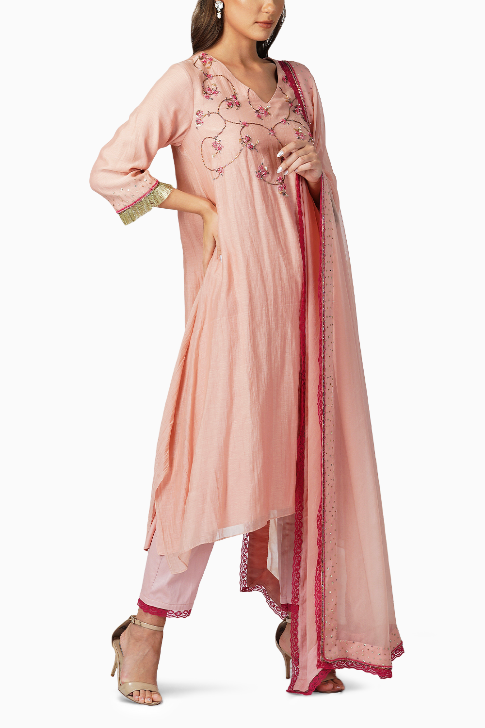 Beaded Flower Asymmetric Kurta Set