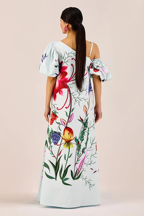 Ice Blue Floral One-Shoulder Maxi Dress