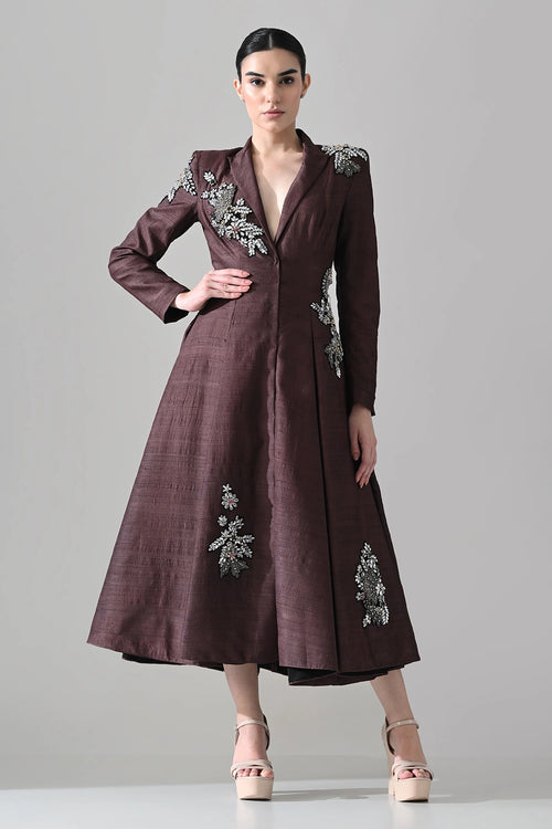 Tailored Wine Coat Dress With Hand-Embroidered Detail