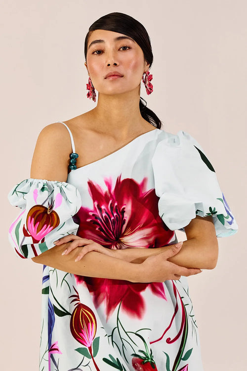 Ice Blue Floral One-Shoulder Maxi Dress