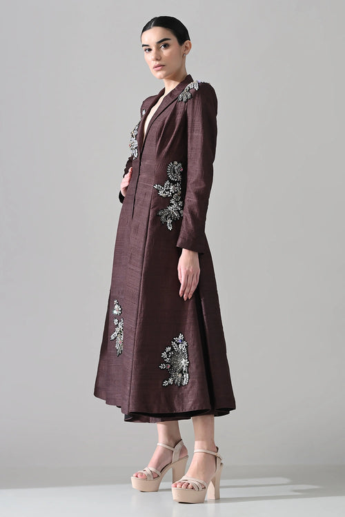 Tailored Wine Coat Dress With Hand-Embroidered Detail
