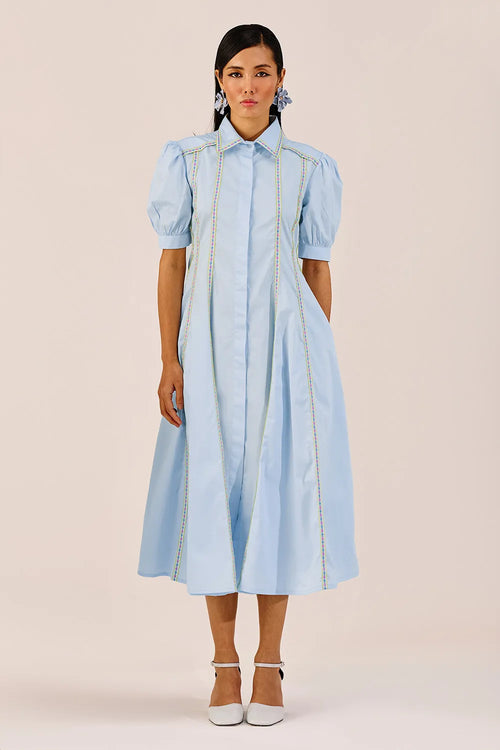 Powder Blue Puff-Sleeve A-Line Dress