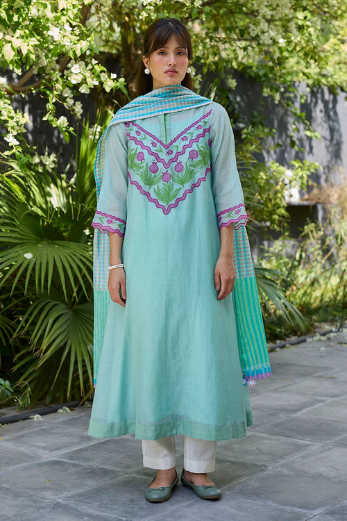 Pomegranate Trail Blue Embroidered Kurta Set With Dupatta