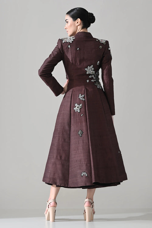 Tailored Wine Coat Dress With Hand-Embroidered Detail