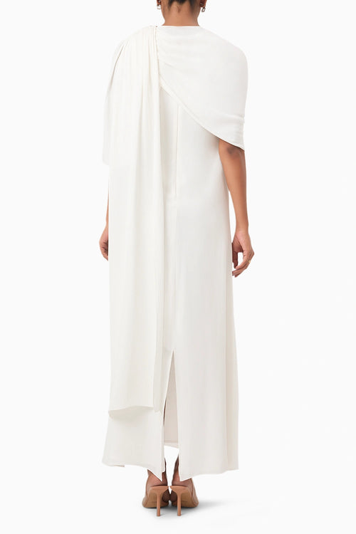 Ivory Rosette Draped Shoulder Gown