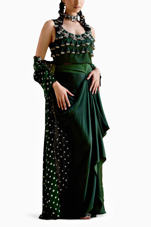 Malini Green Bandhini Jacket with Blouse and Skirt