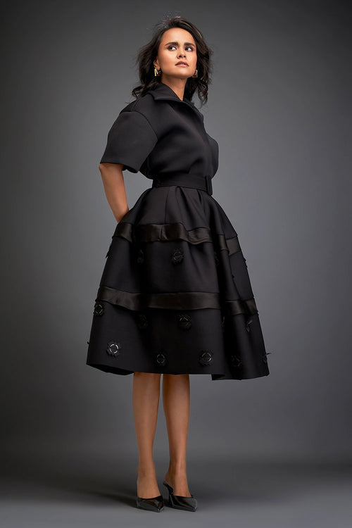 Black Verdant Whisper Belted Midi Dress