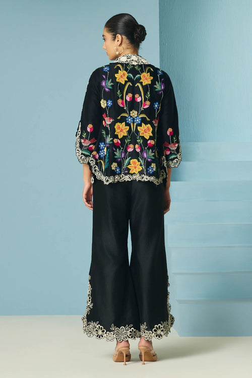 Black Floral Foliage Flared Jacket With Pants