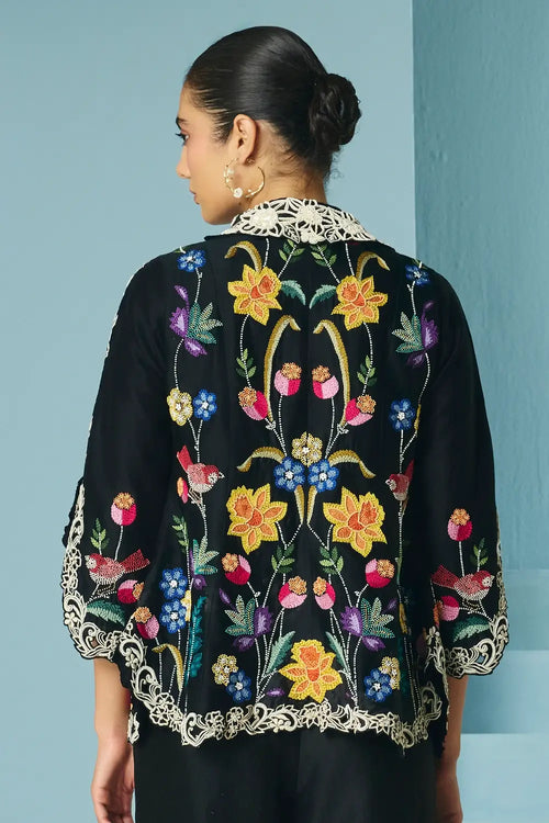 Black Floral Foliage Flared Jacket