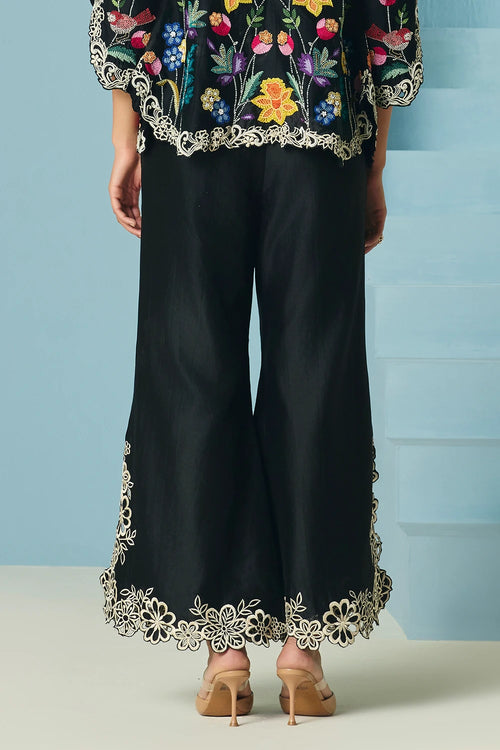 Black Contrast Cutwork Bell Bottom Pants
